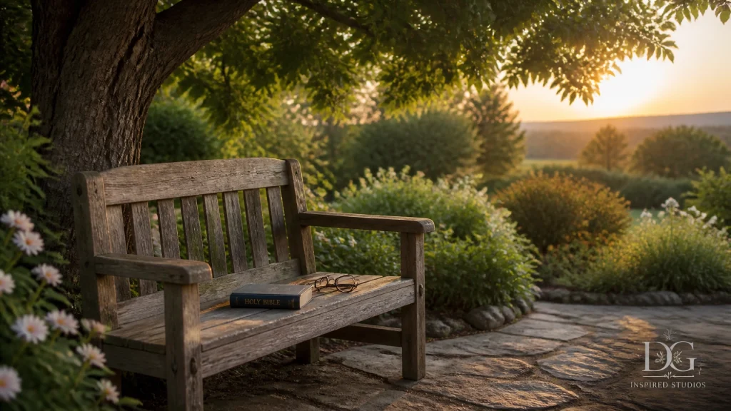 A quiet garden bench with a Bible, symbolizing a place of spiritual rest and growth