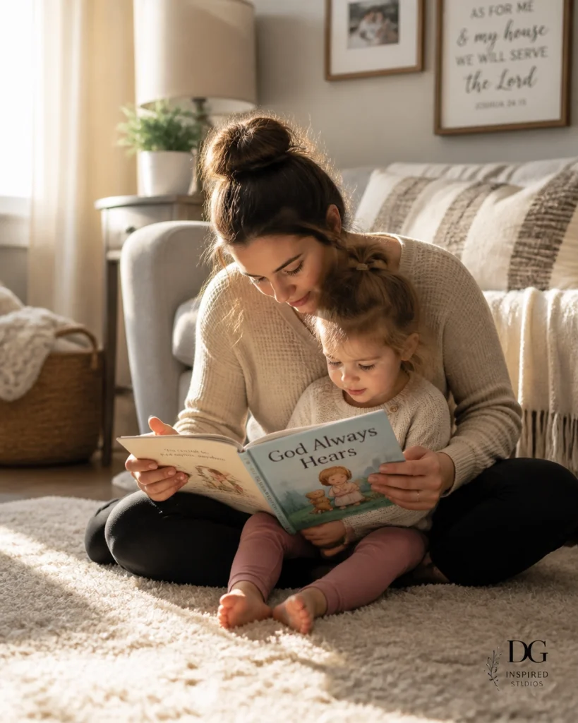 A mother and child reading together, showing faith-centered education in daily life