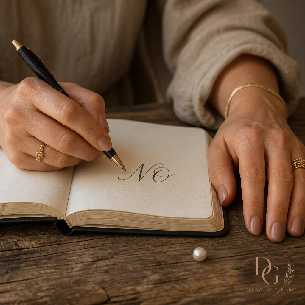 Un acercamiento de una mano escribiendo 'NO' en un cuaderno, simbolizando la paz que se encuentra al establecer límites espirituales.