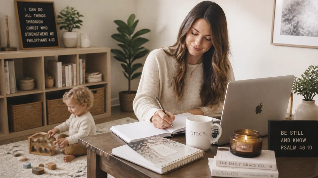 A woman focused on her work while her child plays nearby, representing the integration of motherhood and a sacred creative mission.