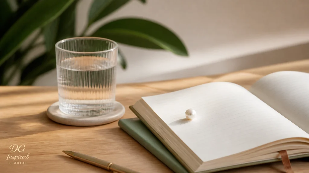 A minimalist wooden desk with a notebook and a single white pearl, bathed in soft morning light representing clarity and purpose.