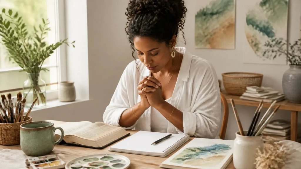 An artist in prayer at a studio workspace with watercolors and a Bible