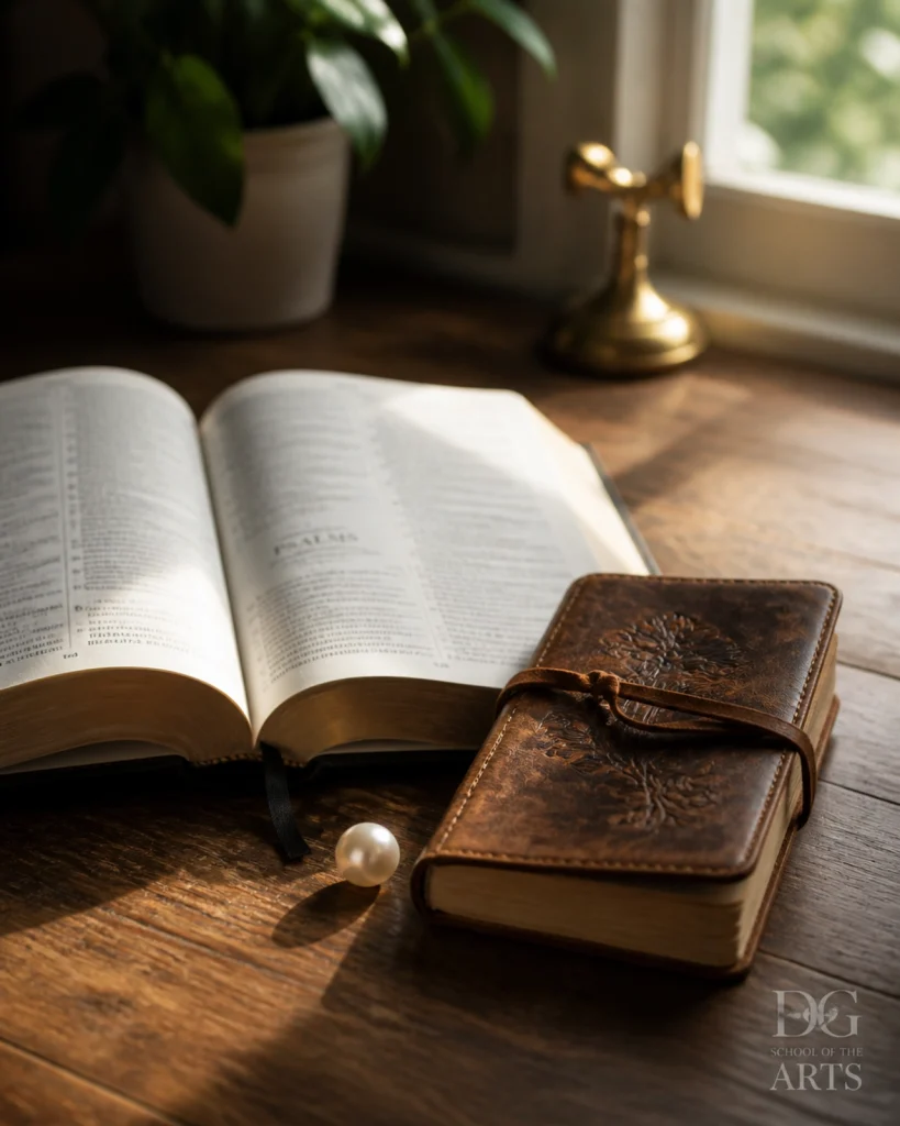 A professional photograph of a Bible and a pearl, symbolizing spiritual growth and the search for purpose.