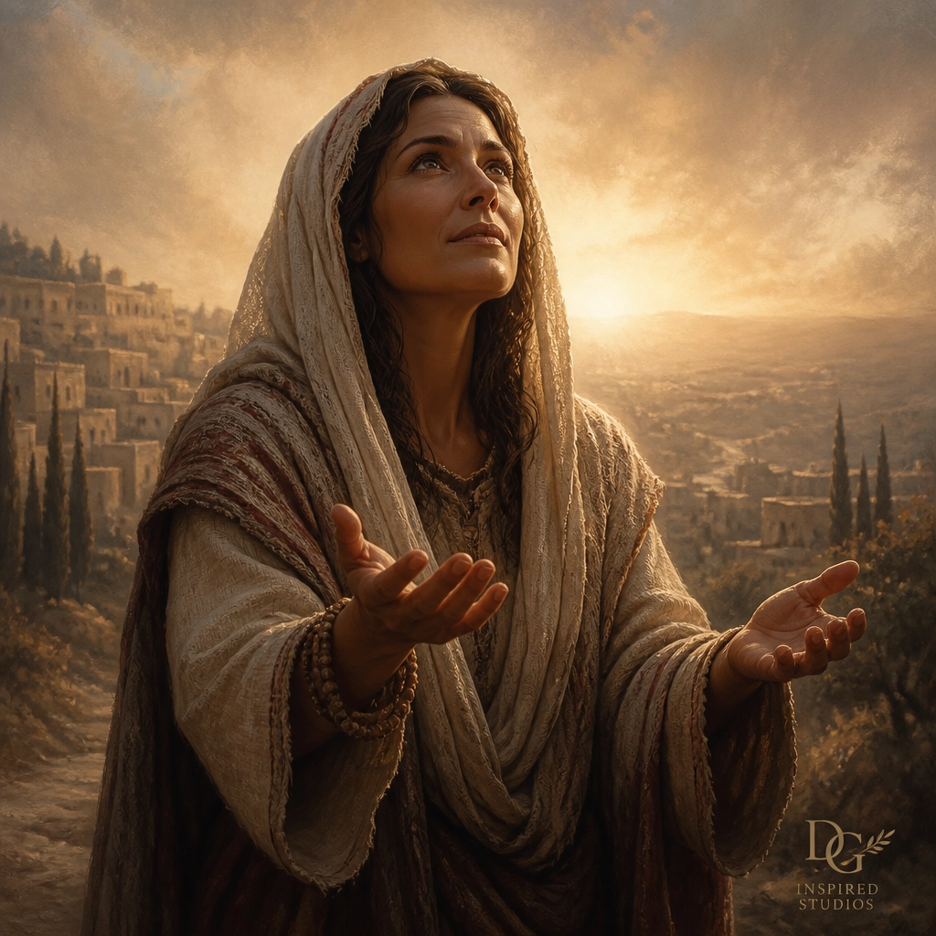 A painterly illustration of a woman in a gesture of intercession, symbolizing a 'mother in Israel'.