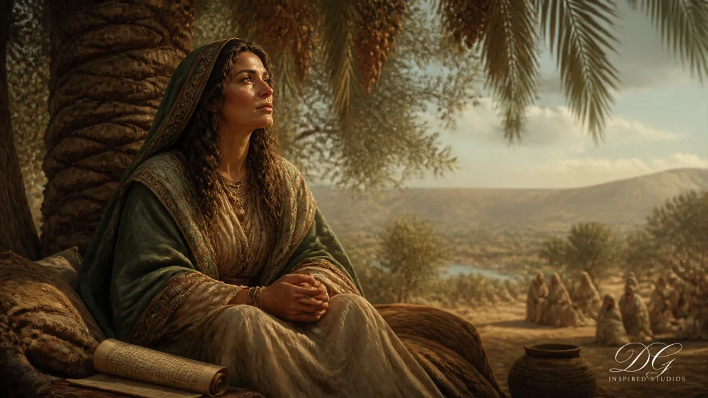 A cinematic, painterly illustration of Deborah sitting under a majestic palm tree in prayer, featuring a DG Inspired Studios watermark.
