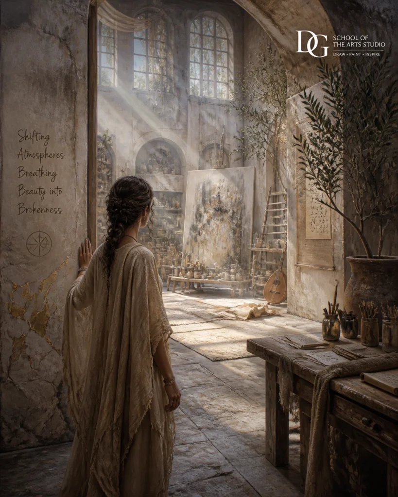 An artistic depiction of a spiritual threshold in a creative studio, symbolizing the shifting of atmospheres.