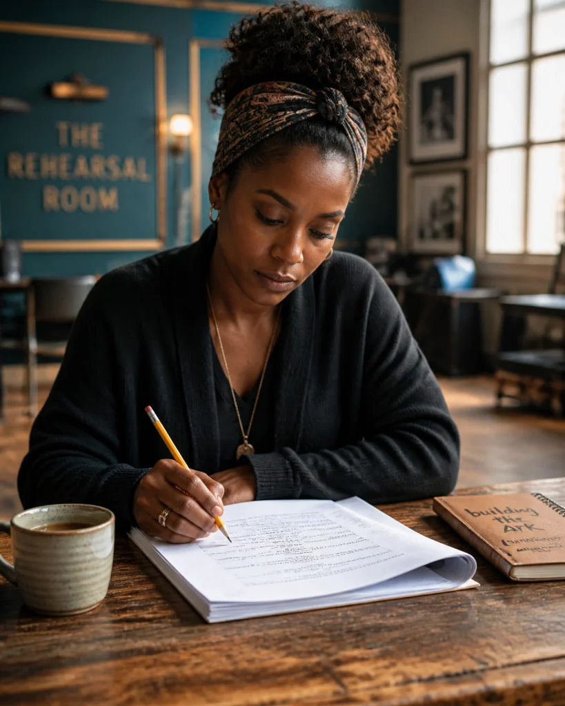 An adult student focused on a script at a rustic wooden table, representing the craft of storytelling