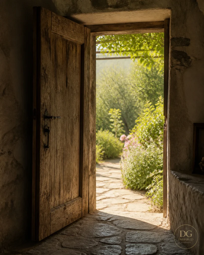 An open door looking out into a garden, symbolizing the breakthrough into a new season.