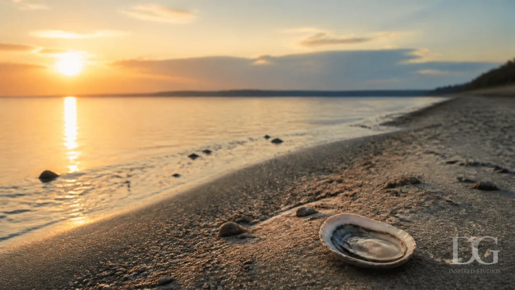 Una concha de ostra en la orilla del mar al amanecer, simbolizando el proceso de la perla