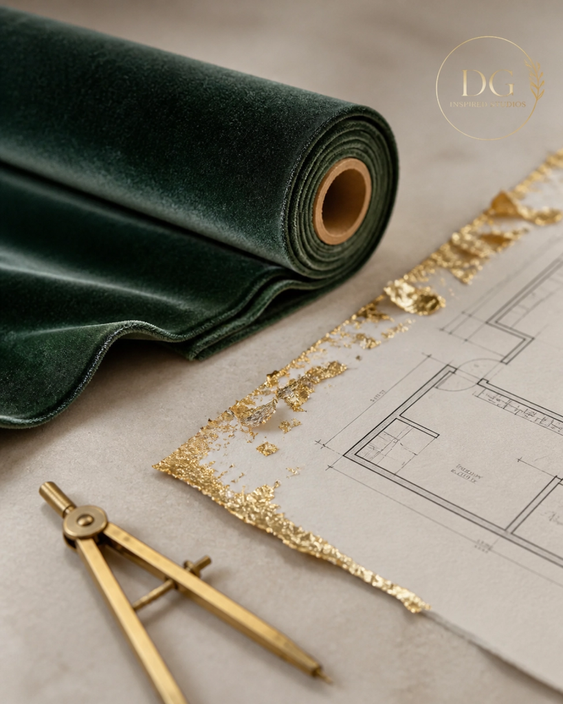 A meticulous professional workspace showcasing the intersection of craft and design. A roll of forest green velvet sits beside a detailed architectural floor plan, accented by shimmering gold leaf and a brass drafting compass. The image represents the technical excellence and intentionality of the Design & Applied Arts program.