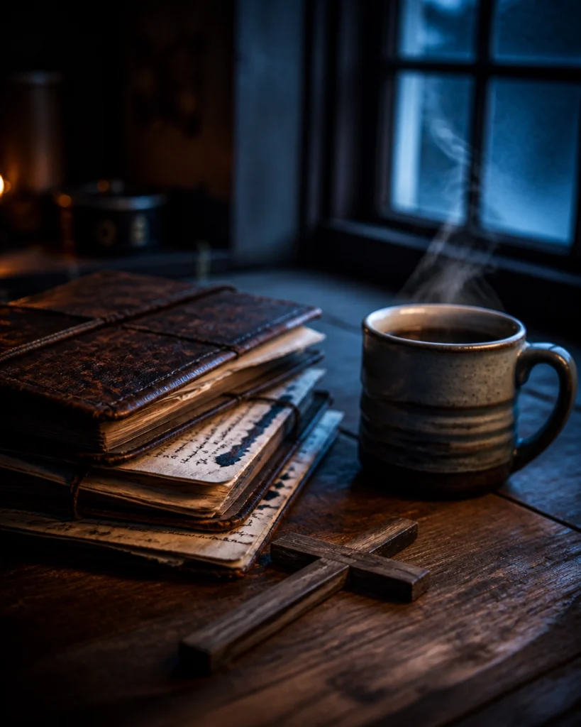 Cinematic journals and coffee visual reflecting breakthrough, prayerful reflection, and authority formed in hidden places.
