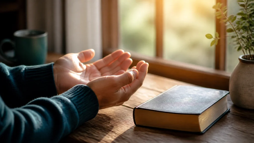 Manos abiertas en oración junto a una Biblia con luz suave, simbolizando paz y crecimiento espiritual.