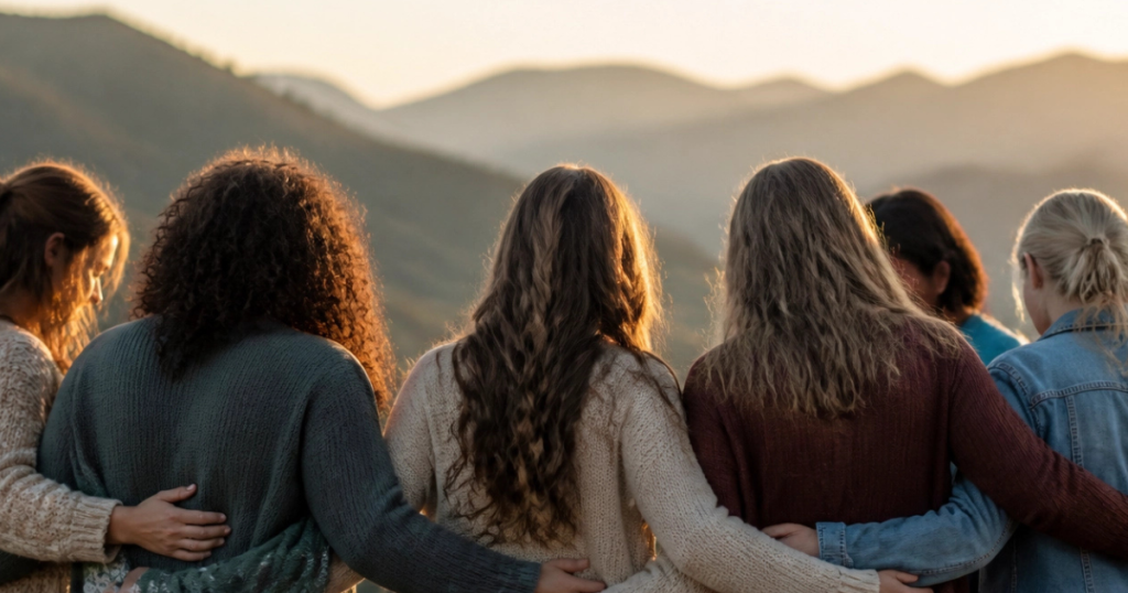 Un grupo de mujeres caminando juntas en comunidad, simbolizando apoyo mutuo y amistad de pacto.