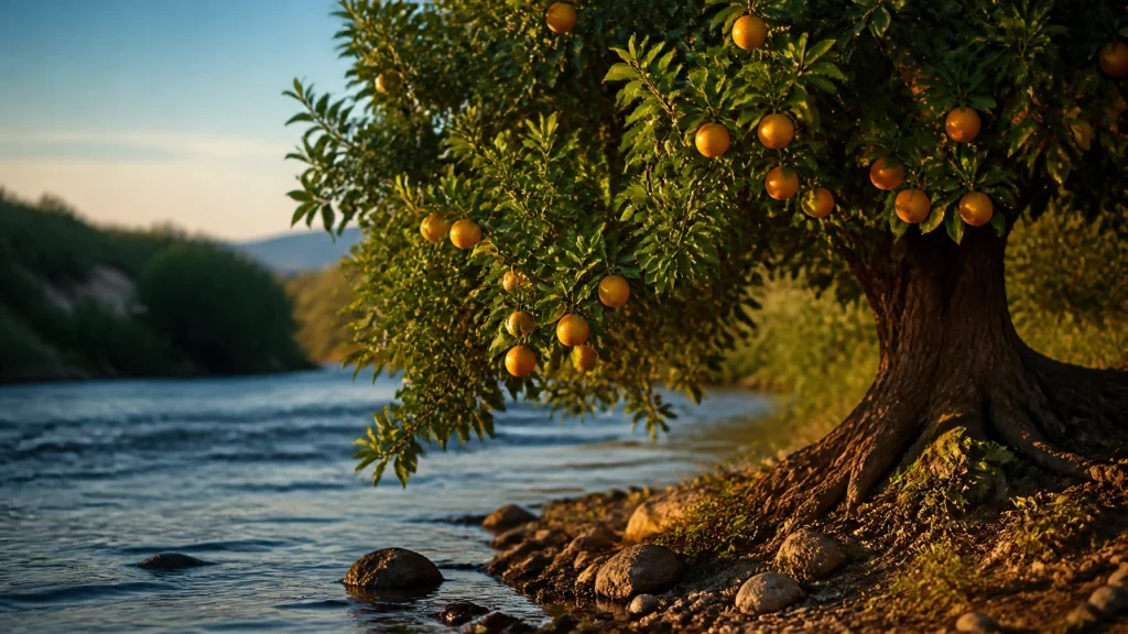 Un árbol frondoso y fructífero junto a un río sereno, representando la vida que florece en Dios.