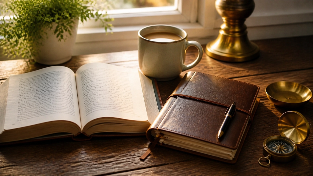 Professional photo of an open Bible with a journal and pen on a clean desk, representing the power of spiritual discipline for Christian entrepreneurs.