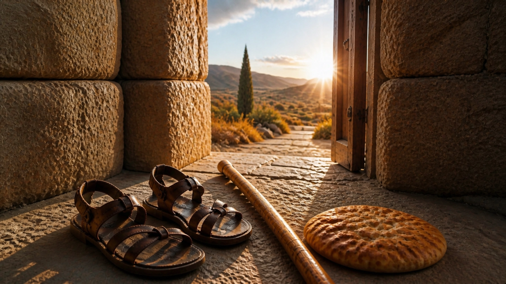 Professional photography of a pair of sandals and a walking staff near an open door, representing preparation for a God-given breakthrough.
