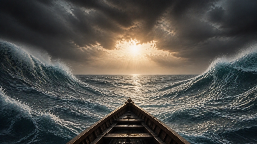 High-resolution photography of a calm ocean after a storm, symbolizing spiritual authority over life's trials.
