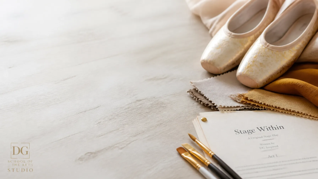 A collection of artistic tools including ballet slippers and paintbrushes, representing the interdisciplinary focus.