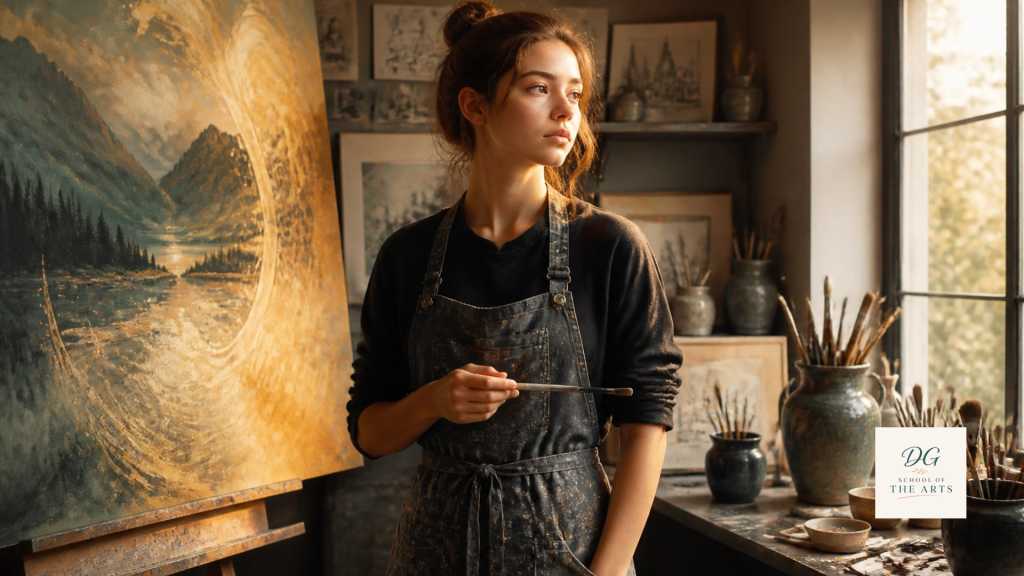 teenager in an art studio painting