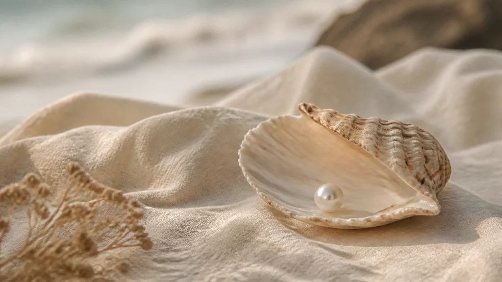 Pearl resting in an open shell on soft linen