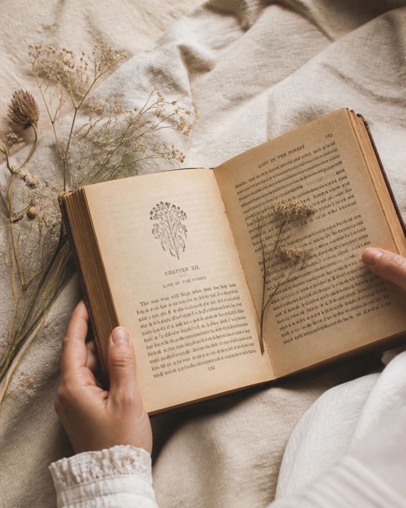 Hands holding an open vintage book