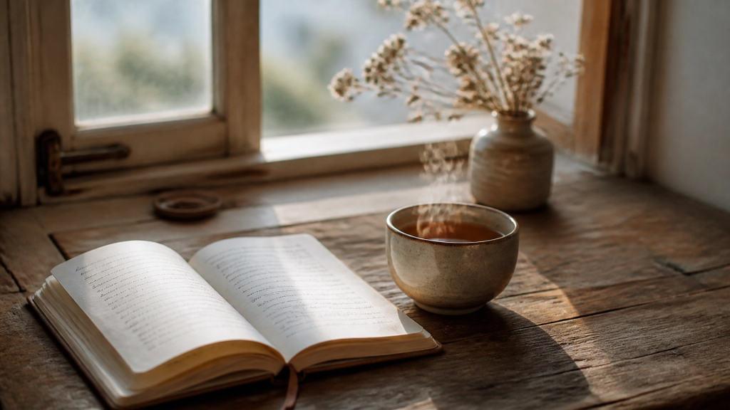 Open journal and teacup in morning light