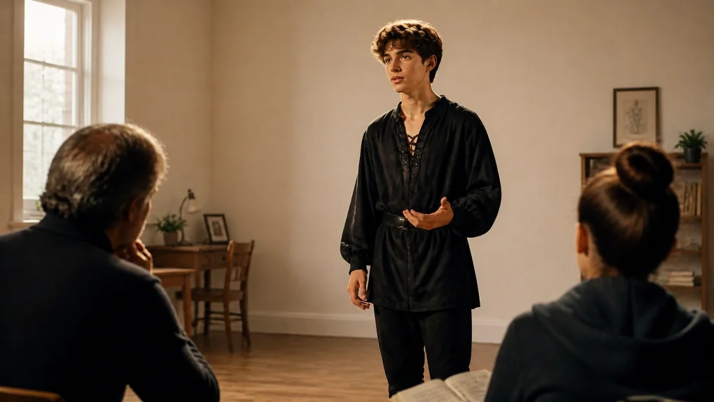 Teen actor in thoughtful rehearsal at DG School of the Arts in a simple private home studio