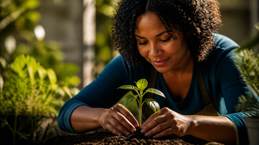 Christian woman gently nurturing a green sprout, symbolizing spiritual and creative growth.