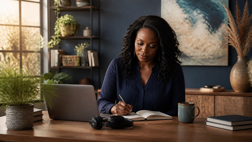 Christian woman entrepreneur working in a creative workspace with laptop and headphones in warm natural light.