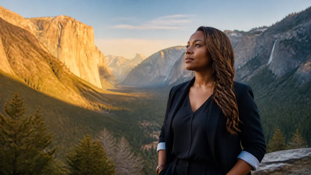 Confident Christian woman entrepreneur standing in a majestic valley at golden hour, symbolizing faith-filled purpose and growth.