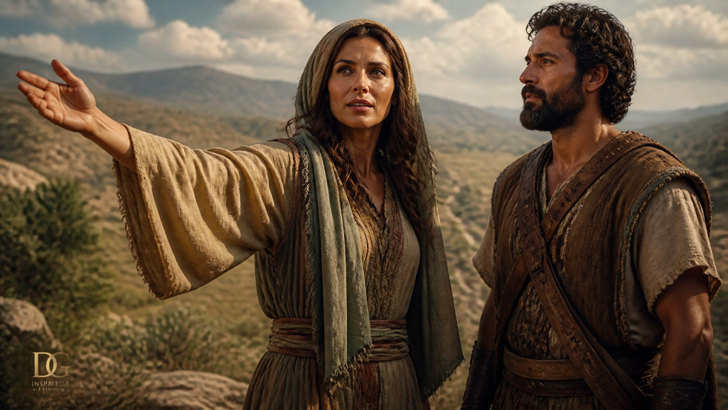 A cinematic, painterly illustration of a visionary woman gesturing toward the horizon while speaking to a capable man, in a sun-drenched landscape with muted tones.