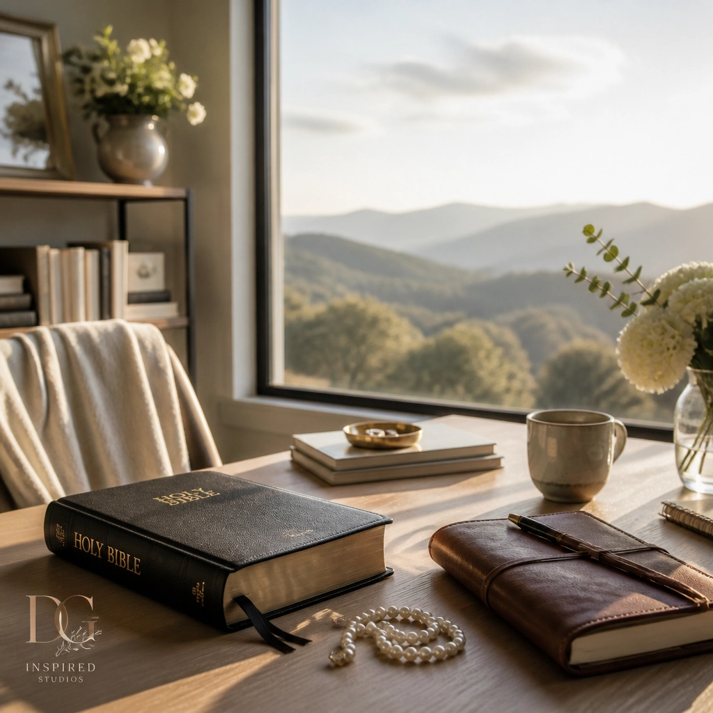 A peaceful, sun-filled studio with a Bible, pearls, and a journal, overlooking a soft-focus landscape.