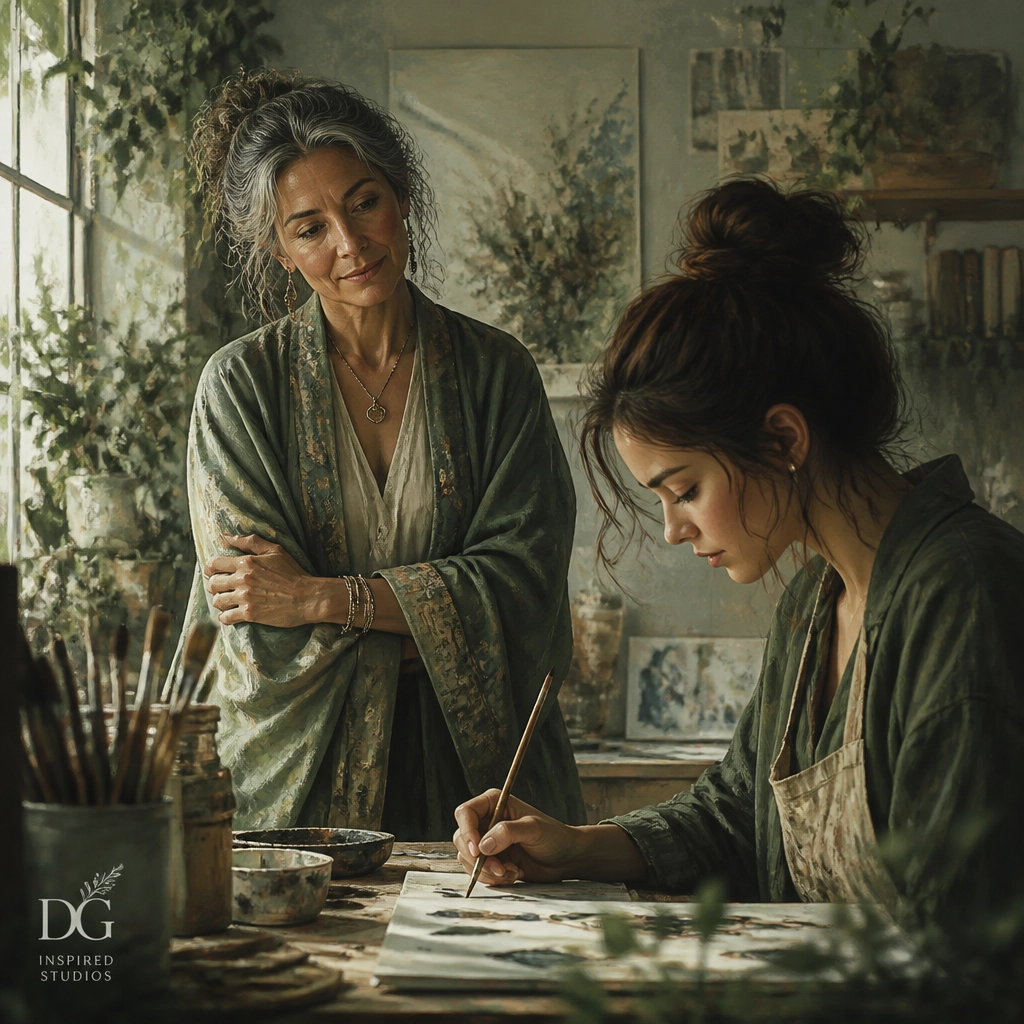 A serene woman observing a younger creative person in a bright studio, recognizing hidden potential.