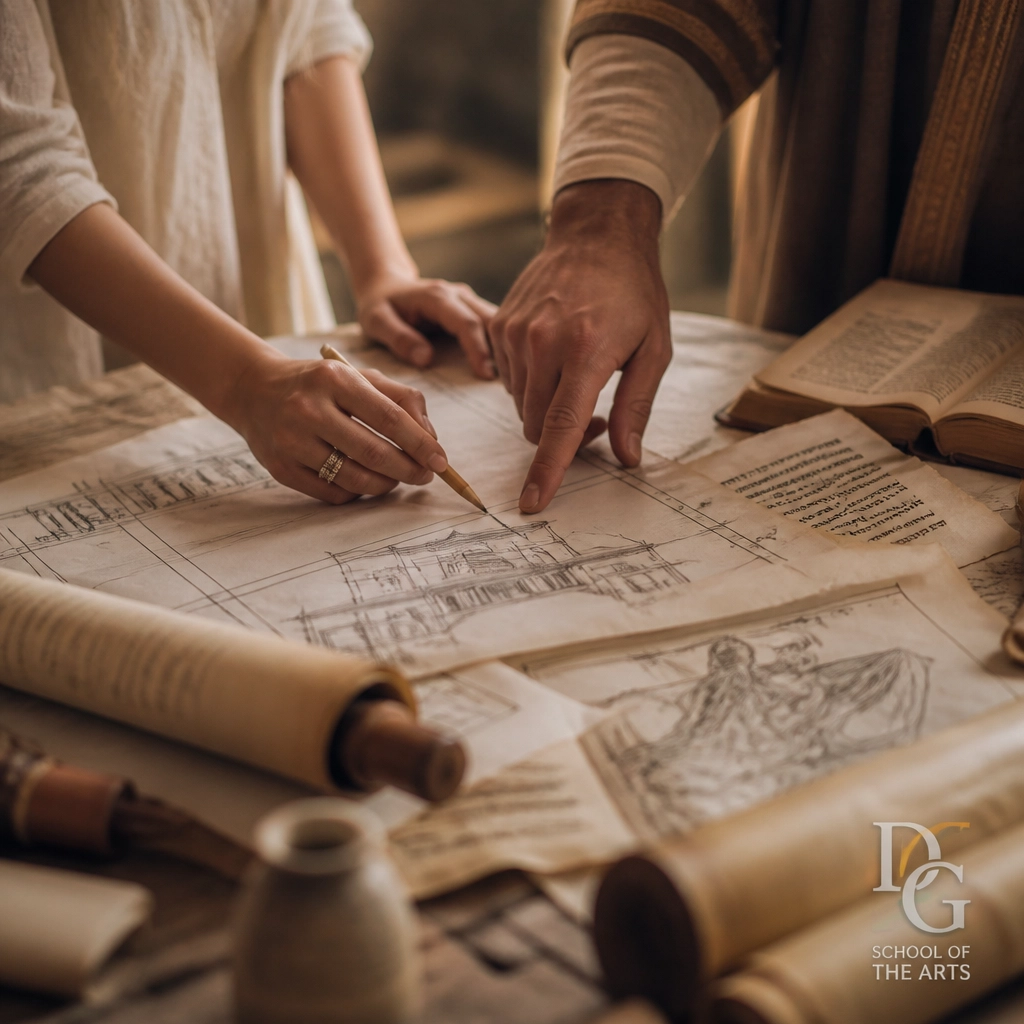 Close-up of feminine and masculine hands collaborating over artistic sketches and biblical scrolls on a wooden table.