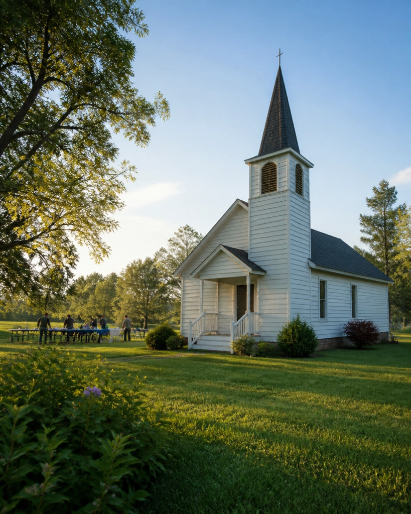 Una pequeña iglesia rural en un campo pacífico, representando el servicio humilde y el voluntariado de corazón.