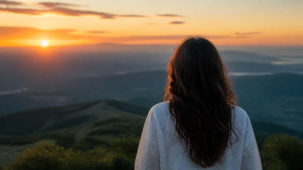 Mujer mirando hacia el horizonte durante el amanecer, representando la búsqueda espiritual y el propósito del Reino.