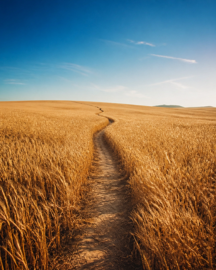 Un camino que atraviesa un campo dorado, simbolizando la transición de la vida ordinaria al propósito divino.