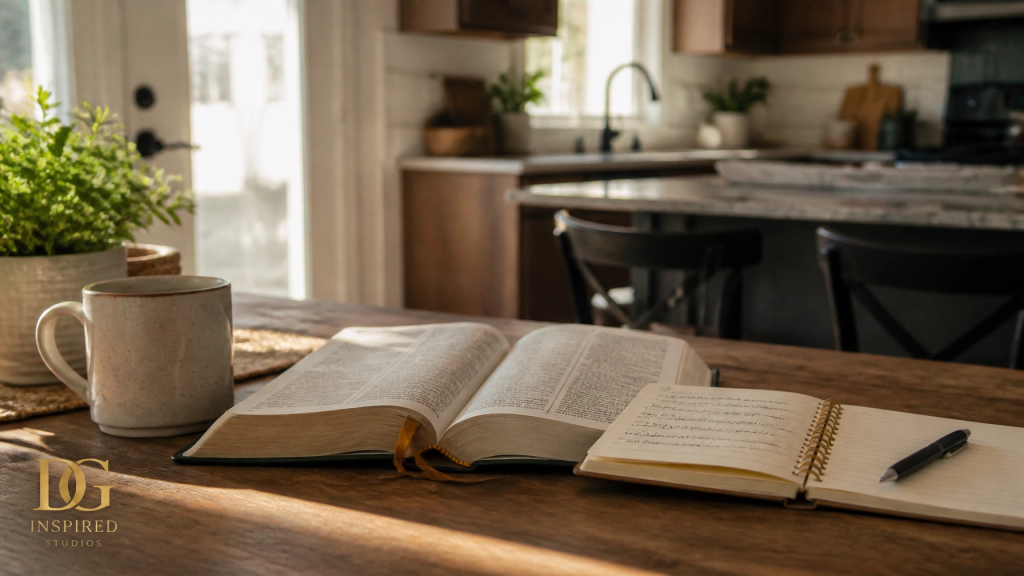 An open Bible and journal resting on a warm kitchen table in natural morning light, with a mug nearby, reflecting a grounded daily rhythm of faith and spiritual growth