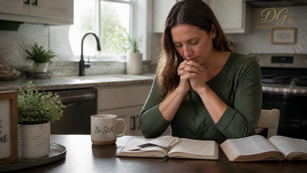 A Christian woman writing in a journal and pausing in prayer at a kitchen table with an open Bible nearby, bathed in gentle morning light