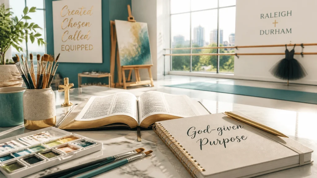 Christian art studio, canvas, watercolor, ballet, brushes and open light area for learning.