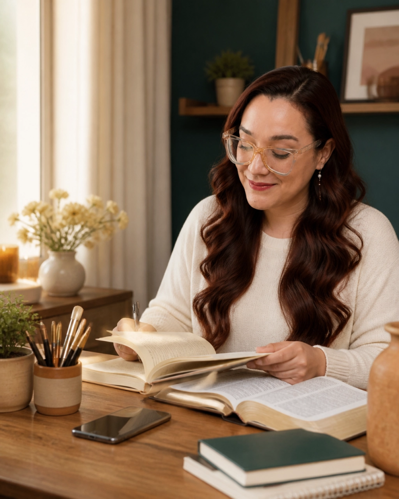 Christian woman creative entrepreneur choosing prayer and journaling over comparison in her home studio