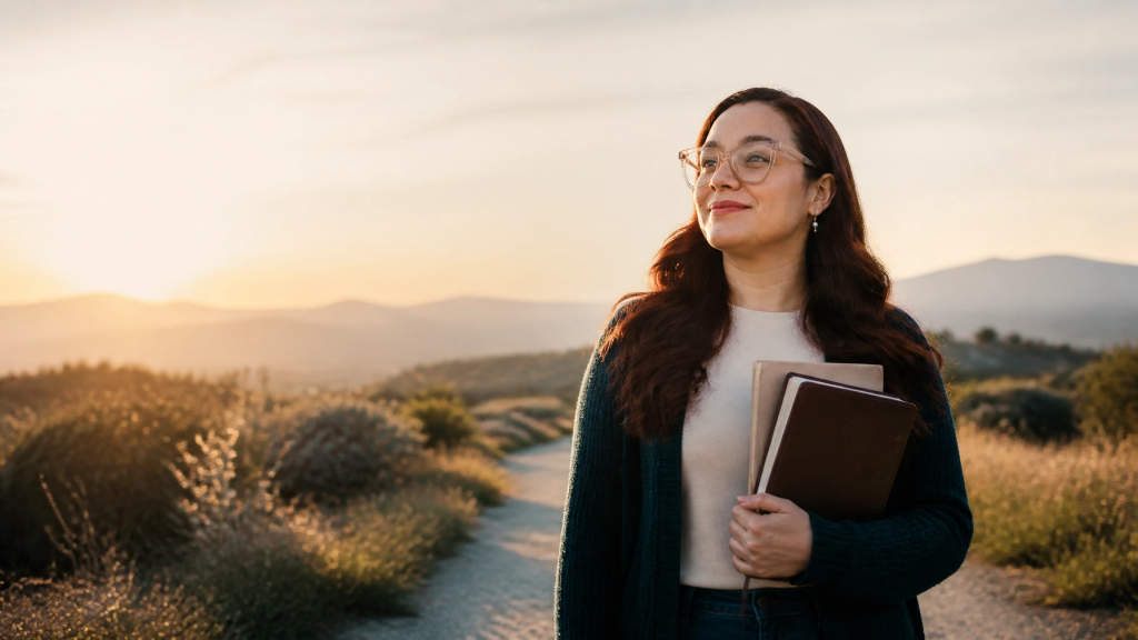 Christian woman entrepreneur walking confidently on a sunlit path while holding a Bible and journal