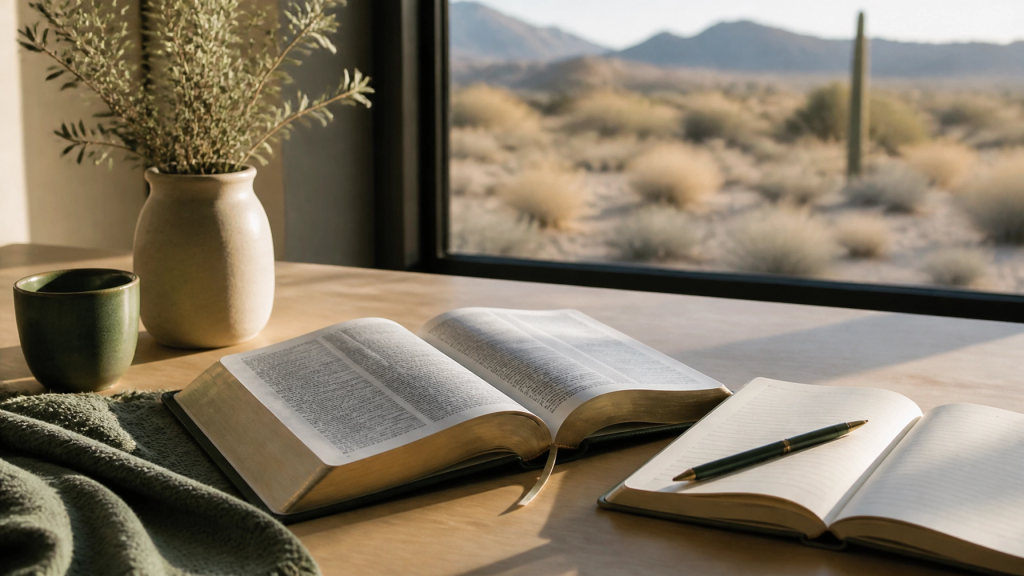 Open Bible and journal in soft natural light on a table, representing quiet reflection in a desert season