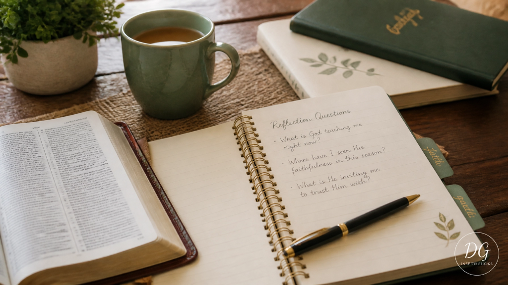Bible, journal, reflection questions, and tea in natural light for practical spiritual guidance