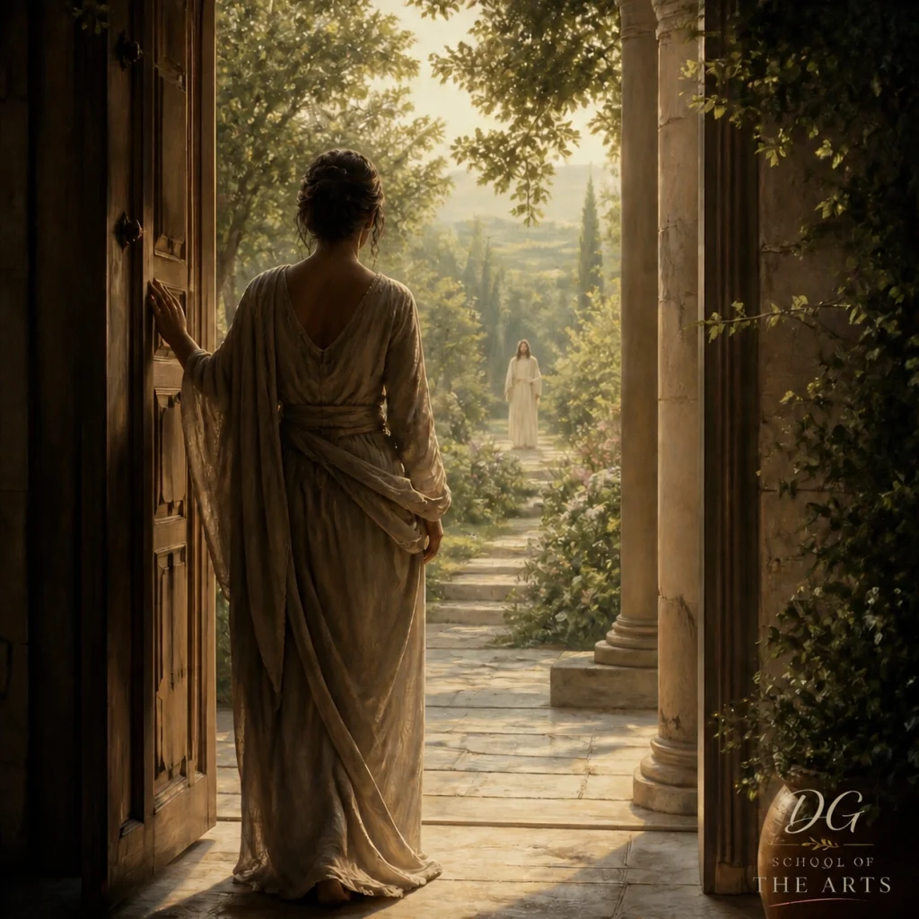 A woman stepping through a grand, light-filled stone doorway into a lush, peaceful garden, representing a threshold moment.