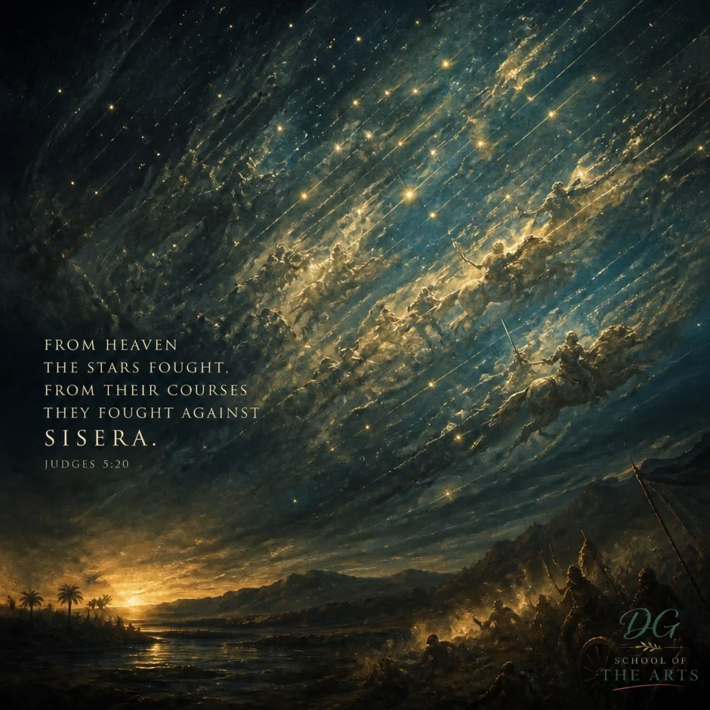 An artistic, sophisticated painterly illustration of a starry night sky where the stars appear to be in motion, like a heavenly army.