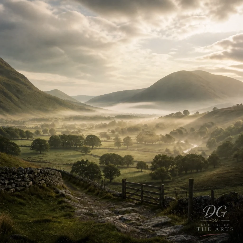 A serene, painterly landscape depicting a valley at rest after a storm, symbolizing the forty years of rest in the land.