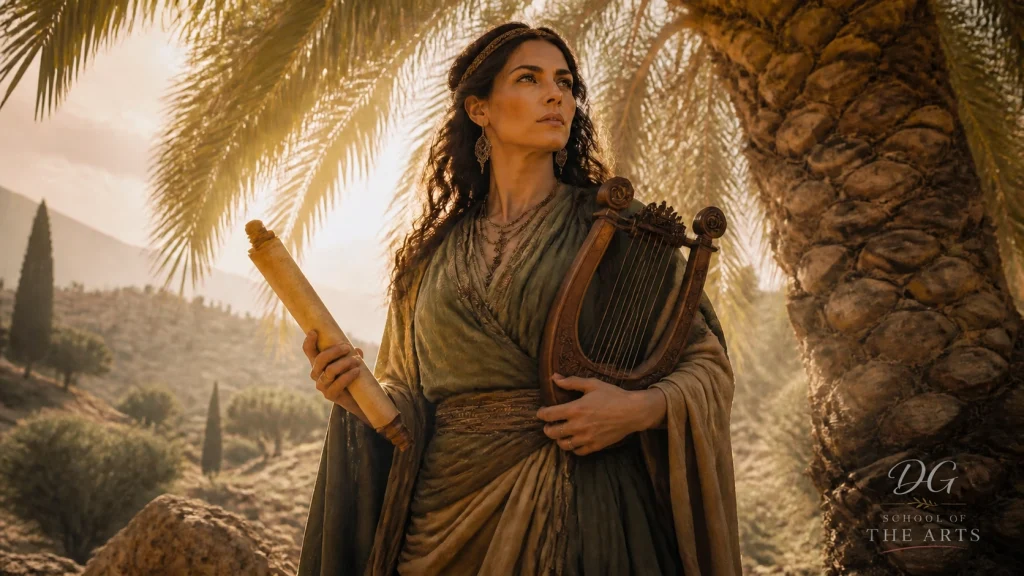 A visionary woman (Deborah) standing under a magnificent palm tree in a sun-drenched ancient landscape, holding a lyre and a scroll.