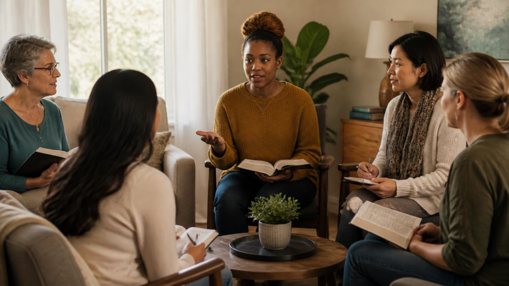 Grupo diverso de mujeres cristianas reunidas en un estudio bíblico y discernimiento