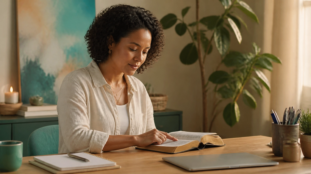 Mujer cristiana diversa leyendo la Biblia en un espacio de trabajo creativo e iluminado